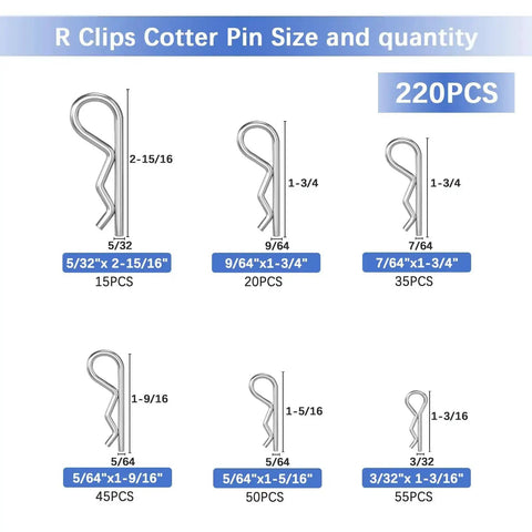 Heavy Duty Zinc Plated R Clips And Cotter Pins Kit, 220 Piece Spring Fastener Assortment with sizes chart for various machines