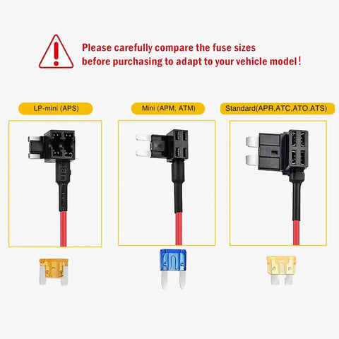 Front view of three different 12V Add A Circuit Fuse Tap Adapter For Car Cigarette Lighter With 3.3 Ft 1 m 18 AWG Cable And Fuse Holder sizes.