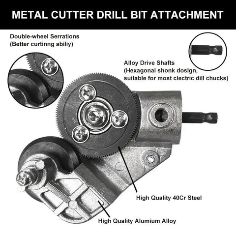 Close-up of Electric Drill Plate Cutter Attachment with alloy drive shafts and serrated wheels, detailed view of metal nibbler tool.