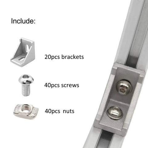 Close-up of 40 Series Aluminum Extrusion Connectors Kit with 4040 corner pieces, showing brackets, screws, and T-slot nuts.
