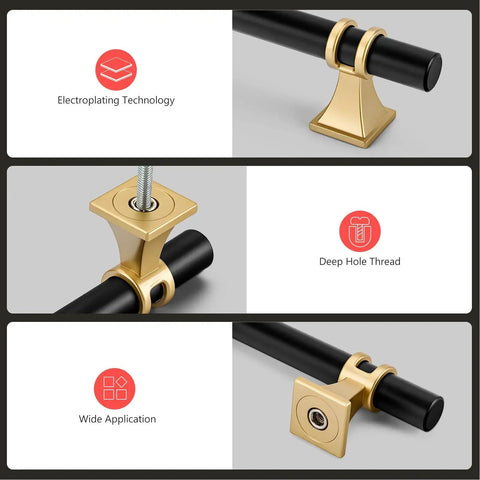 Close-up of 10 Pack 3 Inch Hole Center Cabinet Handles in Black and Gold Matte Finish, highlighting zinc alloy and installation features.