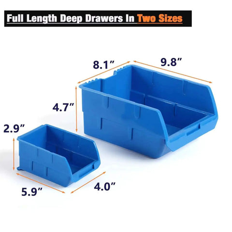 Wall Mount Tool Organizer With Ten Bins And Three Rails Space Saving Wall Storage Bins For Tools And Small Parts Ideal For Screws Nuts Bolts Sockets Hammers And More Durable Blue Finish, showing blue bins in two sizes with measurements: large bin 9.8x8.1x4.7 inches, small bin 5.9x4.0x2.9 inches.