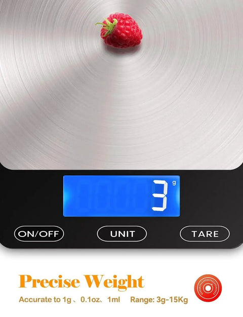 Ultra Precise 33Lb Digital Kitchen Scale With Ounces And Grams, Rechargeable 304 Stainless Steel Platform, Blue Display, Raspberry