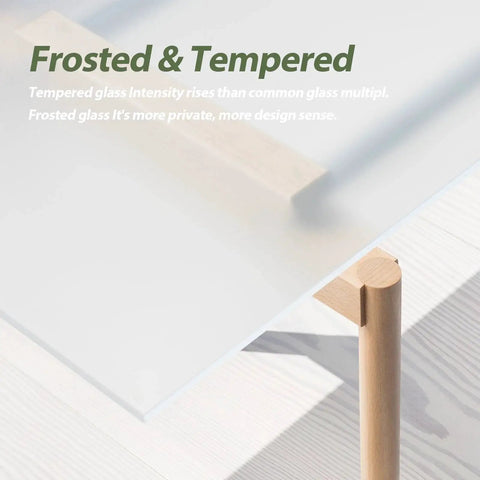 Close-up of frosted glass panel with wooden support, part of Double 15x84 Frosted Glass Barn Door Set In Brown Finish Sliding Bifold Closet Doors With Hardware Kit Included Water Resistant PVC Surface For Bedroom Or Bathroom Durable Track System And Easy Assembly.