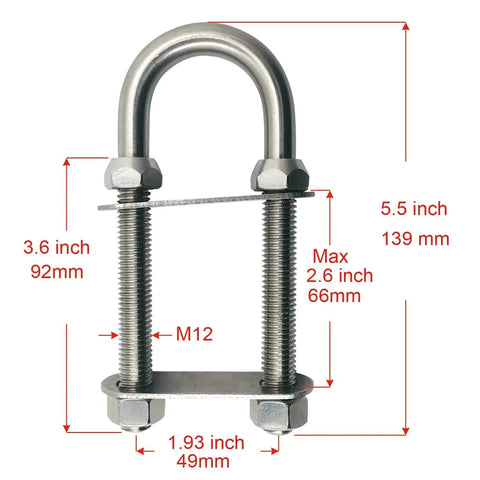 2 Pack Marine Grade Stainless Steel U Bolt With M12 Thread For Boat Stern Bow Eye Tie Down, 5.5 Inch Overall Length, diagram view