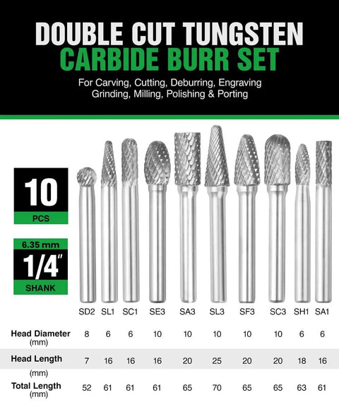 10-piece double cut tungsten carbide burr set with quarter inch shank for milling, carving, engraving, deburring, drilling.