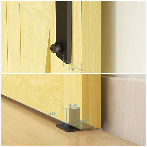 Heavy Duty Bi Folding Sliding Barn Door Hardware Kit With 6.6 Foot Track System, black finish, close-up of floor guide.