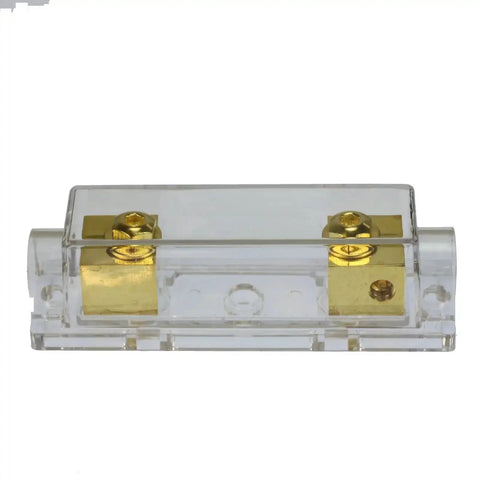 Gold Plated ANL Fuse Holder Inline Fuse Block for 1/0 AWG In And Out with Brass Hardware, clear housing, front view