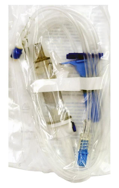 Baxter Healthcare IV solution set with Duo-Vent spike and injection site, 103-inch tubing, blue fittings