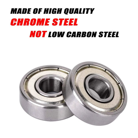 Angled front view of two 684ZZ ball bearings, 4x9x4 mm, chrome steel, double shielded and pre-lubricated