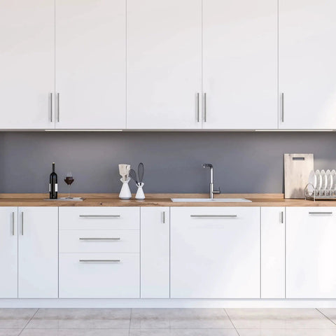 Brushed Nickel Cabinet Handles 10 Pack, Seven And One Half Inch Center To Center, Ten Inch Overall Length installed on white cabinets