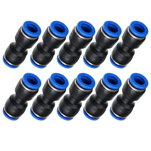 Push-to-connect straight tube fittings, 4mm OD x 4mm OD, black plastic with blue ends; pack of 10.