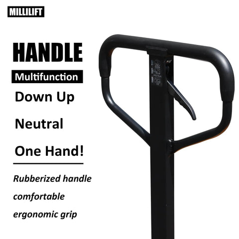 Close-up of handle on Workhorse Manual Pallet Jack With 6600 Lb Capacity And 48 Inch By 27 Inch Forks, ergonomic grip visible