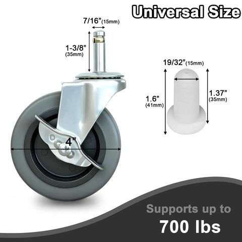 4 Inch Stem Caster Wheels Set Of 4 With Side Brakes Heavy Duty Thermoplastic Rubber Casters dimensions and load capacity