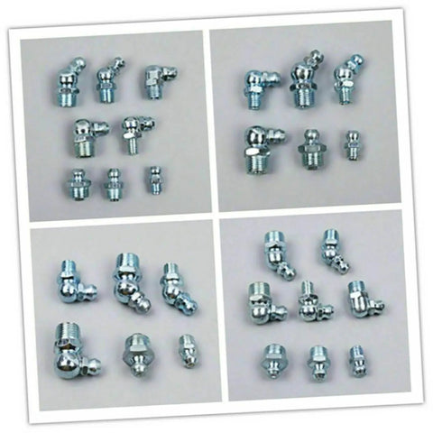 Hydraulic Grease Nipples And Fittings Kit - 260-Piece Metric And Imperial Assortment displayed in four groups on gray background.