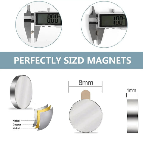 UTOMAG round neodymium magnet with adhesive backing, 8x1 mm, nickel–copper–nickel coated, front view