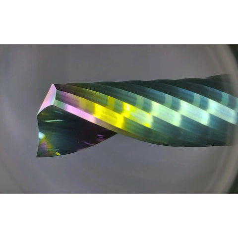 Close-up of Solid Carbide CNC Spiral End Mill 1/4 Inch Diameter 1/4 Inch Shank 2 Inch Length Single Flute DLC Coated for cutting metals.