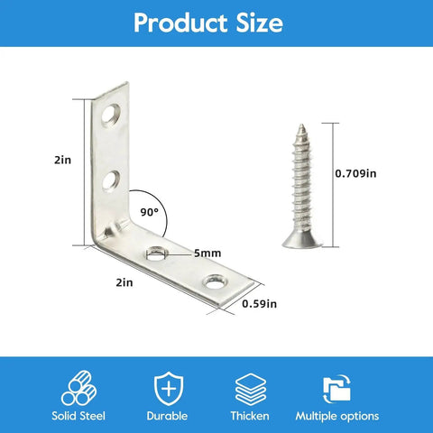 Product size diagram of a 40 Piece Stainless Steel L Bracket Corner Brace Set With Screws For Shelves And Wood Furniture Frames, 2 Inch Right Angle Brackets