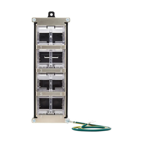 Front view of Eight Port DIN Rail Keystone Jack Mounting Module with grounding, showing eight blank keystone cutouts and grounding wire.