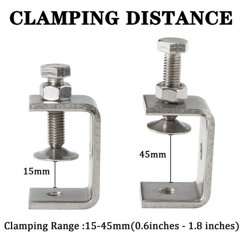 Front view of two 304 stainless steel C-clamps with wide jaws; 15–45mm clamping range, Amazon brand