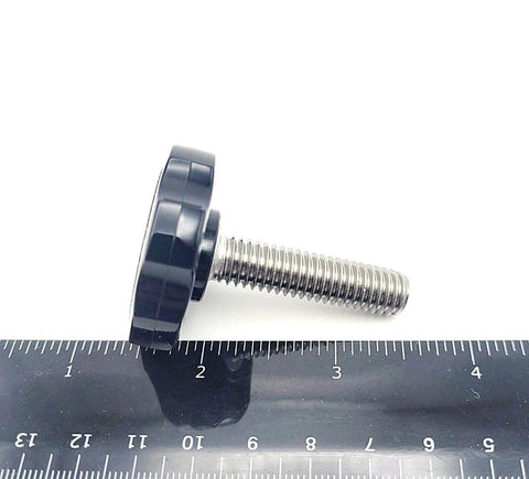 Side view of Three Eighths Inch Thumb Screw Bolts With Black Round Hex Head Clamping Knob Cap Grip Full Thread 304 Stainless Steel Fasteners