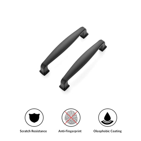 Image of 2 matte black cabinet pulls from 20 Pack Solid Matte Black Cabinet Pulls For Kitchen Cabinets And Drawers Center To Center 3-3/4 Inch, showing scratch resistance, anti-fingerprint, and oleophobic coating.