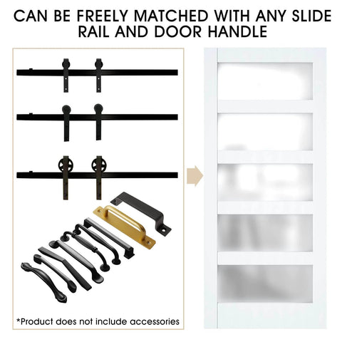 Glass Sliding Barn Door 36 By 84 Inches Five Panel Frosted Glass, Sturdy MDF Build, slider and handles shown, no hardware
