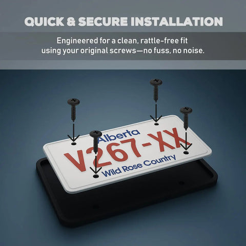 Silicone License Plate Frame Durable For Front And Rear Universal No Obstruction Anti Rattle Anti Scratch Must Have Weatherproof Rust Proof Street Legal Car Accessory secured with screws during installation.