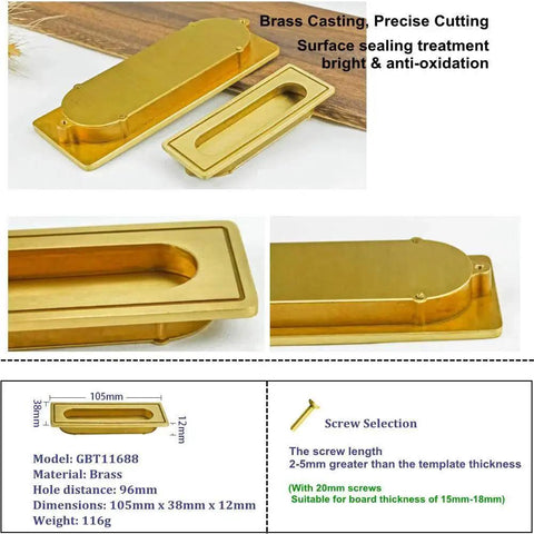 Recessed Brass Cabinet Handle for Kitchen Cabinets Cupboards and Drawers, 96mm Brass Flush Mount, Polished Finish, 105x38x12 mm