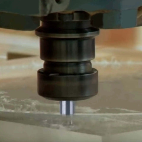Close-up of Versatile CNC Router Bit Set For Wood Plastic And Acrylic Ten Pack O Flute Upcut Single Flute End Mills in use