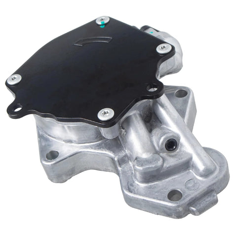 Brake vacuum pump with silver aluminum housing and black cover plate secured by four screws