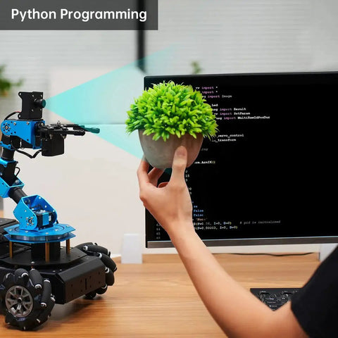 Blue DIY 6DOF Robotic Arm Car Kit with Raspberry Pi 5 operating near a computer screen with Python code and a potted plant.