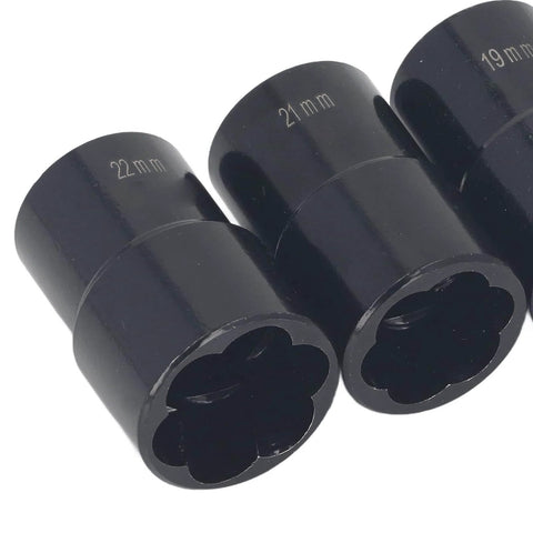 Close-up of 5 Piece Bolt Extractor And Lug Nut Remover Kit For Damaged Fasteners, 1/2 Inch Drive Impact Sockets in 21mm and 22mm sizes