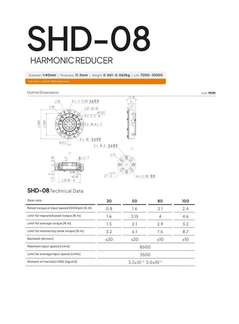 Technical diagram and specifications of SHD-08 harmonic reducer, showing measurements and data related to strain wave gear drive.