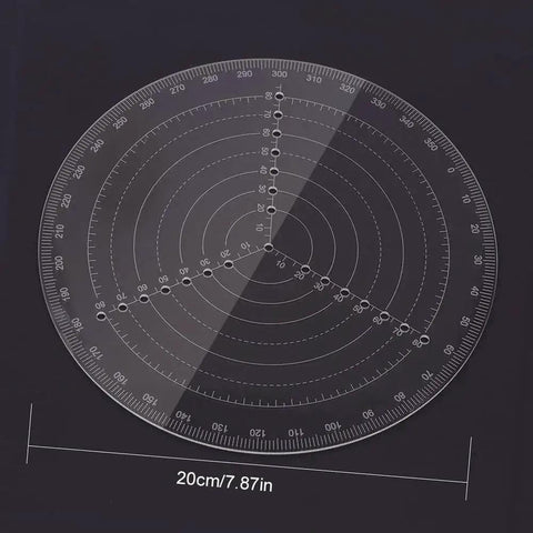 Round Center Finder Compass Clear Acrylic Lathe Centering Tool For Drawing Circles Woodturning Circle Gauge With 200mm Diameter Capacity And Radius Holes For Quick Centering Of Irregular Shaped Workpieces on black background.
