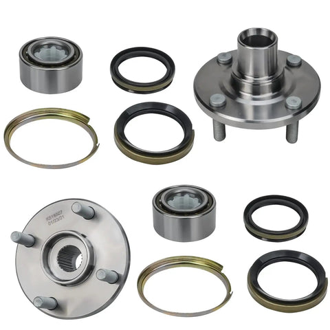 All In One Front And Rear Wheel Bearing Hub Assembly Kit For Four Lug Non ABS Fits Toyota Corolla 1993-2002, Chevy Prizm 1998-2002, Geo Prizm 1993-1997 Four Lug Hub Set showing components