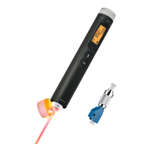 TFN 3-in-1 fiber optic tester with LCD display, black handheld unit, orange laser tip, includes FC to LC adapter