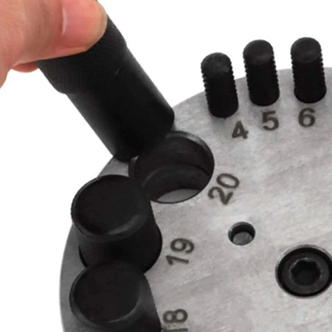 Round Disc Cutter Set For Jewelry Making And Metal Crafting, 17 Die Punch Kit with Hole Puncher in use, precise slot alignment