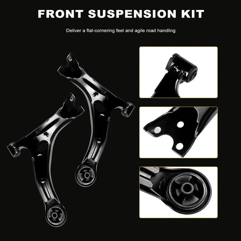 ASAPE front suspension kit for Toyota Corolla (2009–2013), 12-pcs, black control arms with ball joints and tie rod ends.
