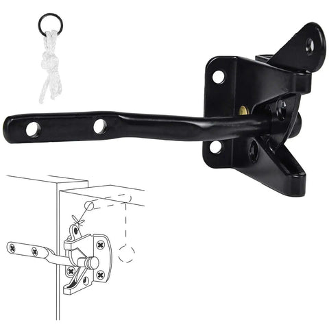 Beefy Gate Hardware Kit With Self Locking Gate Latch and diagram for wooden fences, rust-resistant black powder-coated steel