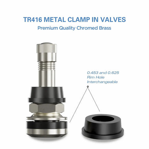 4 Pack TR416 Metal Valve Stems For Outer Mount Rim Holes Fits 0.453 Inch And 0.625 Inch, 1.5 Inch Length, Silver Finish With Brass Core And EPDM Rubber Seal
