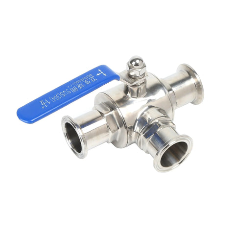 Tri-clamp sanitary ball valve, 1.5 inch, stainless steel 304 with blue lever, 3-way T-port, PTFE lined