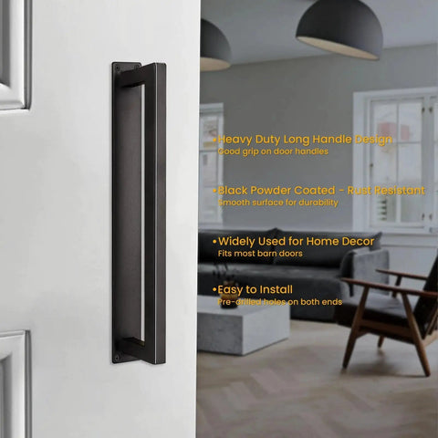 Rustic 12 Inch Barn Door Handle, Heavy Duty Matte Black Square Door Pull With Long Flush Base installed on barn door