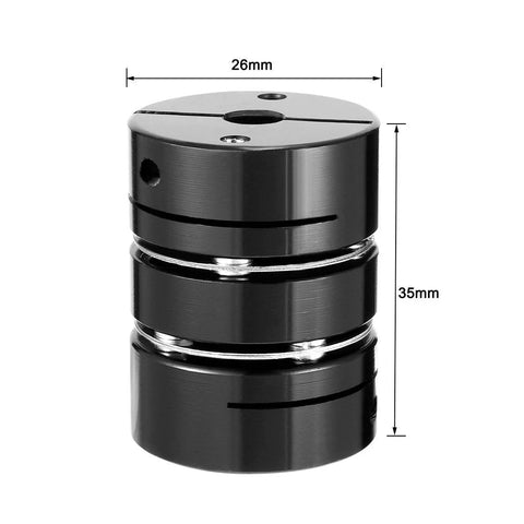Black metal motor shaft coupling, clamp-tight, 6mm-8mm bore, diaphragm style.