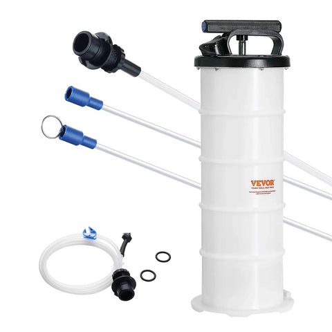 6.5L Manual Oil Change Fluid Extractor Pump With Dipstick And Suction Hose, featuring white tank, tubes, and handle.