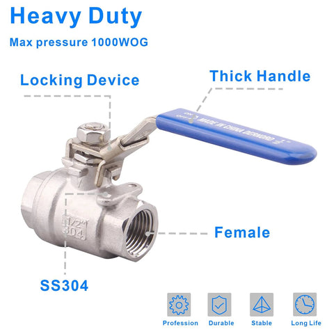DERNORD 2-pack stainless steel 304 ball valves, full-port, 1/2 in NPT, with locking device and blue handle