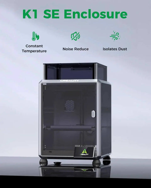 K1 SE And K2 SE 3D Printer Enclosure With Transparent Black Cover displayed with features: constant temp, noise reduction, dust isolation.