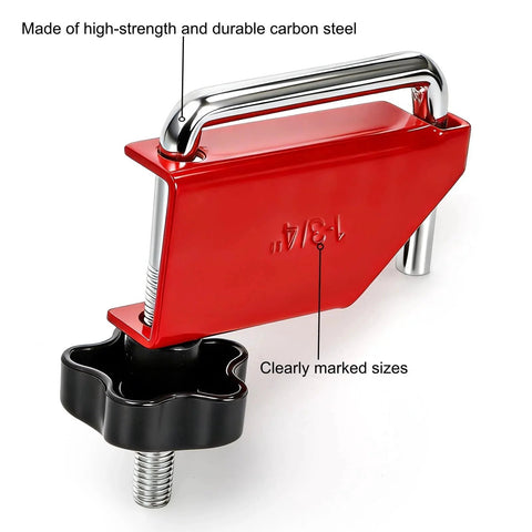 Close-up of red carbon steel plier from Four Piece Hose Pinch Off Pliers Set In Carbon Steel For Automotive Fuel Lines And Cooling System Hoses Including Three Eighths Inch One Half Inch One Inch And One And Three Quarters Inch Non Damaging Line Clamp Pliers Tool Kit For Safe DIY And with clearly marked sizes and durable build.