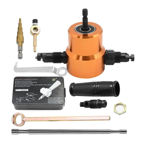 360 Degree Double Headed Sheet Metal Nibbler Drill Attachment with extra punch, die, and step drill bit, pro-grade hole cutter.