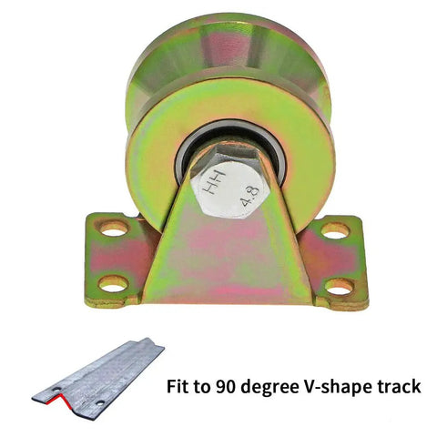 Close-up of Beefy 2 Inch V Groove Wheel Set with Bracket for Industrial Machines, Heavy Duty for Sliding Gates, made from Standard 45 Steel.